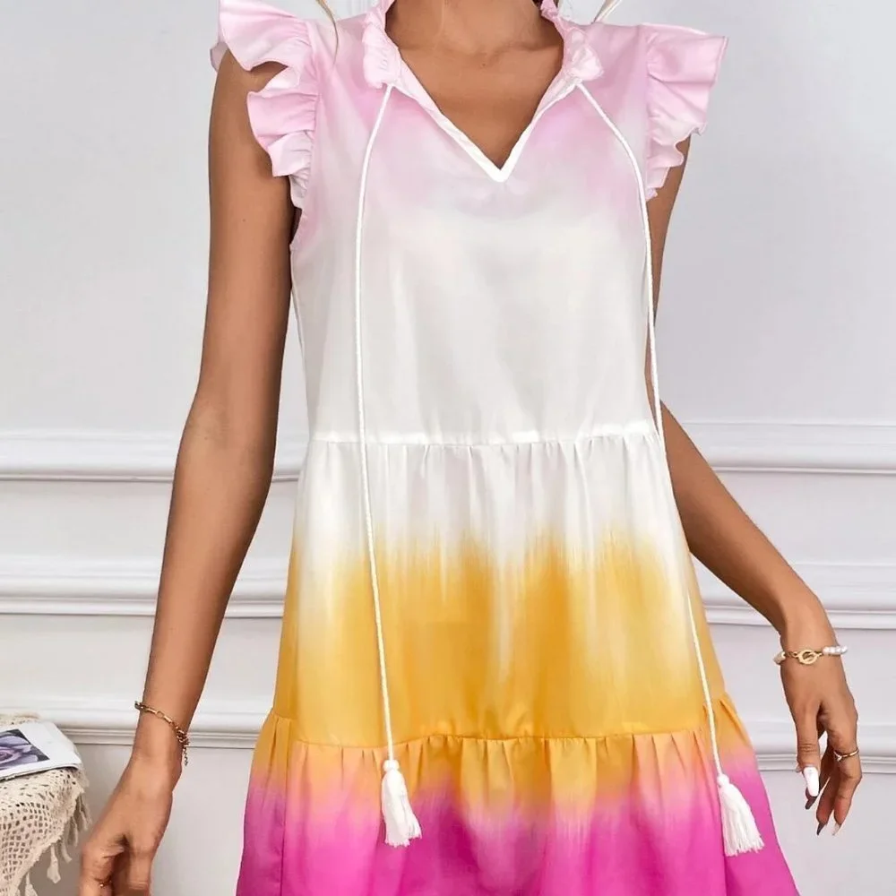 Tie Dye Frill Tie Neck Ruffle Hem Smock Dress - Picture 4 of 5